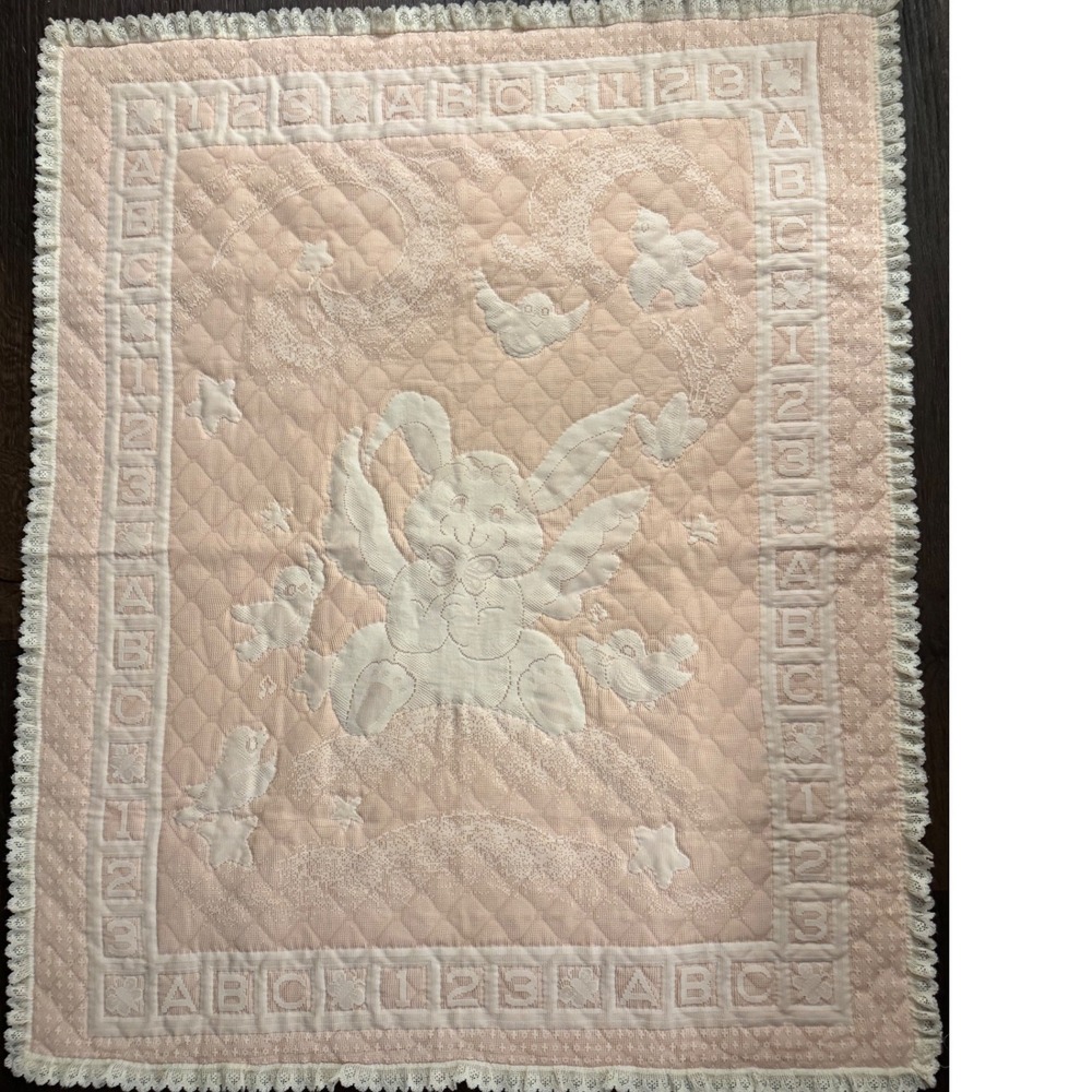 Vintage Handmade Baby Quilt Pink Bunny Rabbit ABC 123 Lace Trim Blanket 36 X 44
